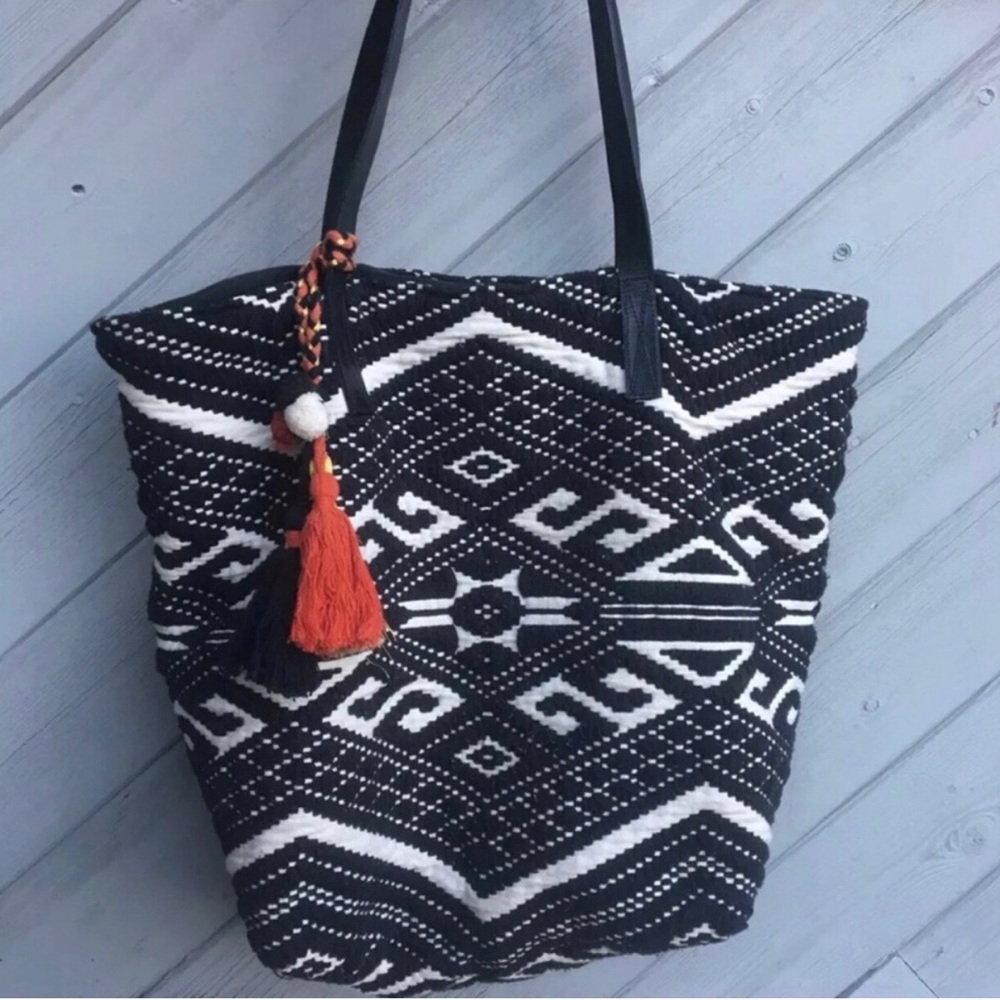 Aztec Patterned Large Woven Tote Bag with Leather Straps. Handmade.